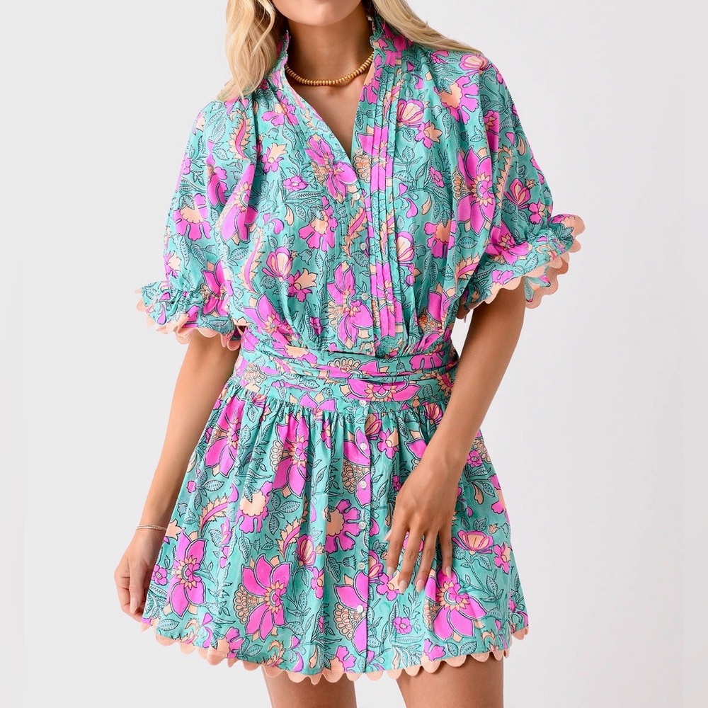 Juliet Dunn Poplin Blouson Block Print & Ric Rac Trim Dress size 4/ US10